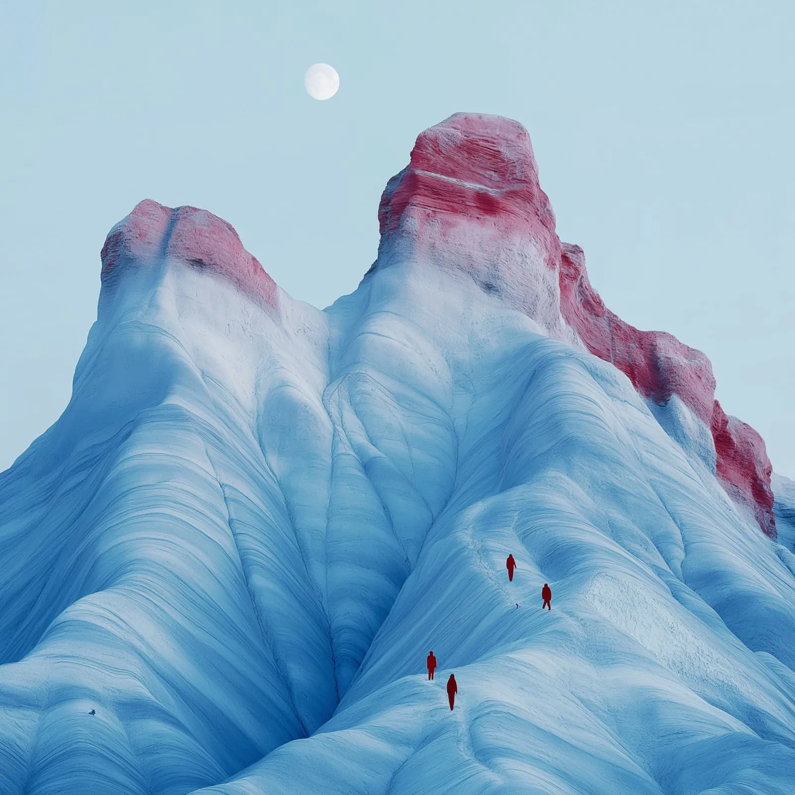 Climbers ascending a pale blue mountain under a full moon